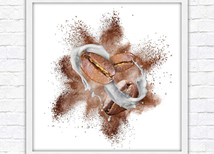 Coffee Bean splash. Framed picture print. A choice of frames and sizes, square.
