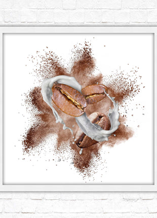 Coffee Bean splash. Framed picture print. A choice of frames and sizes, square.