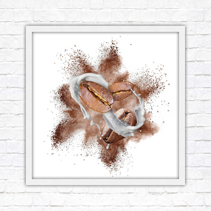 Coffee Bean splash. Framed picture print. A choice of frames and sizes, square.