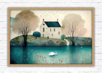 House in the trees. Watercolour landscape. Framed picture choice of colour