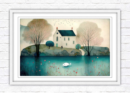 House in the trees. Watercolour landscape. Framed picture choice of colour