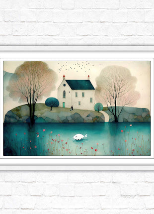 House in the trees. Watercolour landscape. Framed picture choice of colour