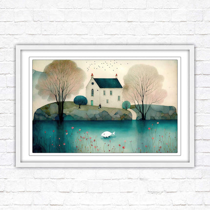 House in the trees. Watercolour landscape. Framed picture choice of colour