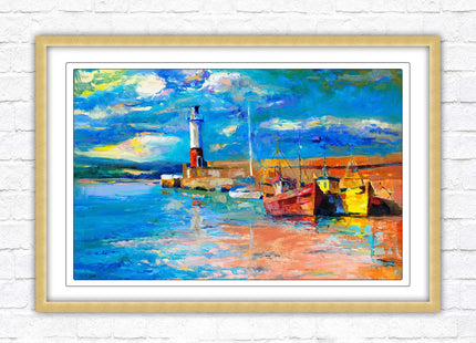 Boats at the Harbour, oil painting framed picture print choice of frame colours
