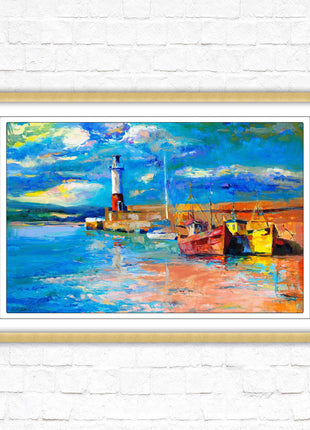 Boats at the Harbour, oil painting framed picture print choice of frame colours