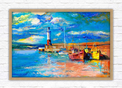 Boats at the Harbour, oil painting framed picture print choice of frame colours