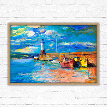 Boats at the Harbour, oil painting framed picture print choice of frame colours