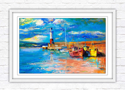 Boats at the Harbour, oil painting framed picture print choice of frame colours