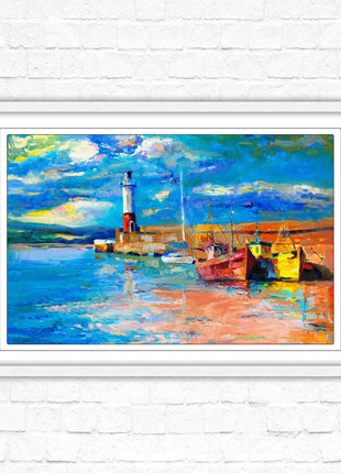 Boats at the Harbour, oil painting framed picture print choice of frame colours
