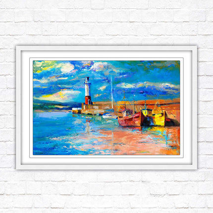 Boats at the Harbour, oil painting framed picture print choice of frame colours
