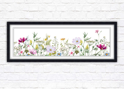 Wild flowers pastel colours on a white background Panoramic framed picture print