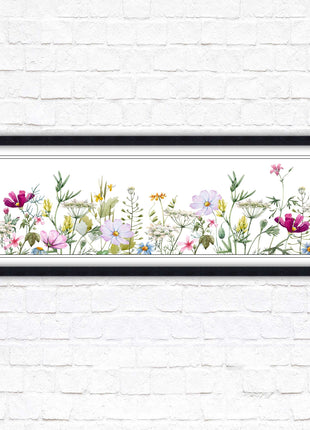Wild flowers pastel colours on a white background Panoramic framed picture print