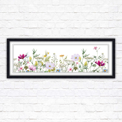 Wild flowers pastel colours on a white background Panoramic framed picture print