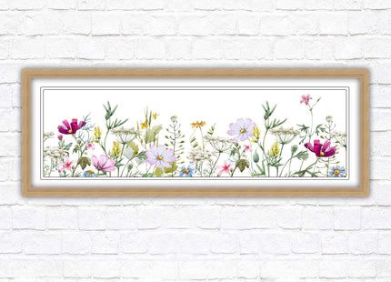 Wild flowers pastel colours on a white background Panoramic framed picture print