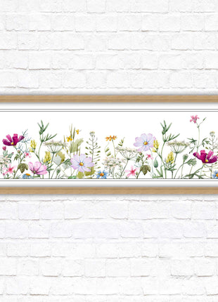 Wild flowers pastel colours on a white background Panoramic framed picture print