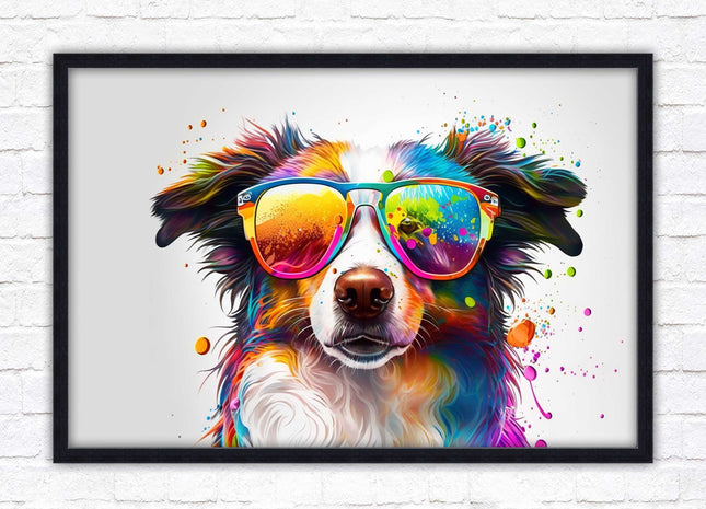 wall art framed picture print dog with sunglasses vibrant colours landscape