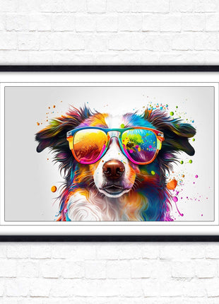 wall art framed picture print dog with sunglasses vibrant colours landscape