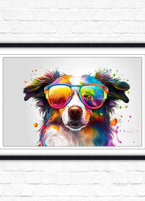 wall art framed picture print dog with sunglasses vibrant colours landscape