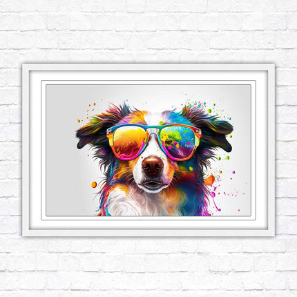 wall art framed picture print dog with sunglasses vibrant colours landscape