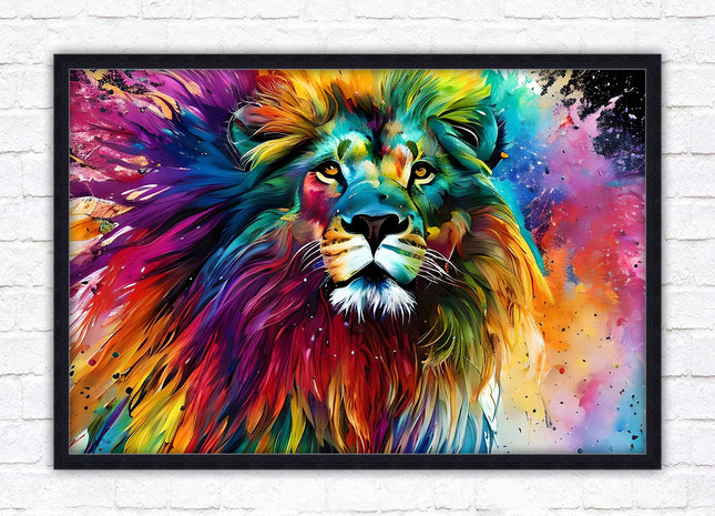 Lion in multicolour. Bright colourful wall art. Framed picture choice of frame