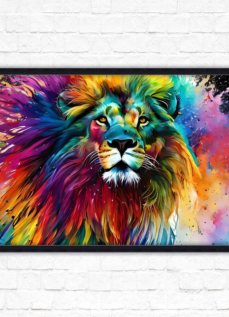 Lion in multicolour. Bright colourful wall art. Framed picture choice of frame