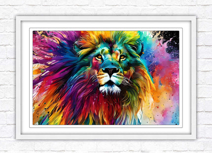 Lion in multicolour. Bright colourful wall art. Framed picture choice of frame