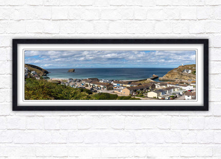 Portreath town, Cornwall. Panoramic framed picture harbour and sea view