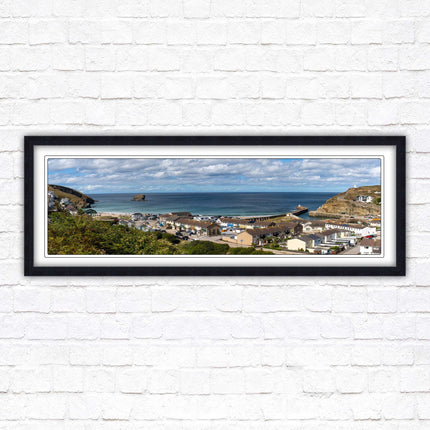 Portreath town, Cornwall. Panoramic framed picture harbour and sea view
