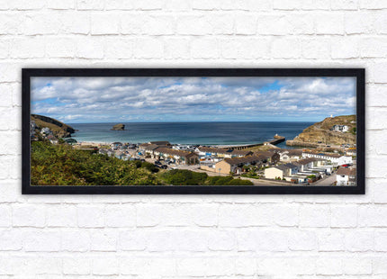 Portreath town, Cornwall. Panoramic framed picture harbour and sea view