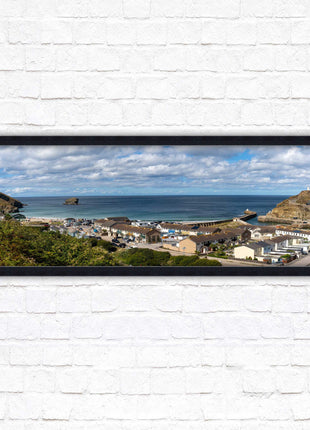 Portreath town, Cornwall. Panoramic framed picture harbour and sea view