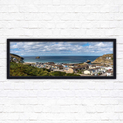 Portreath town, Cornwall. Panoramic framed picture harbour and sea view