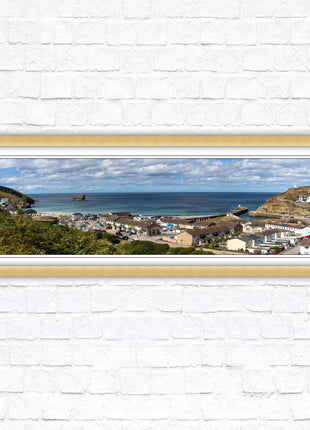Portreath town, Cornwall. Panoramic framed picture harbour and sea view