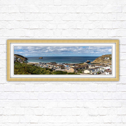 Portreath town, Cornwall. Panoramic framed picture harbour and sea view