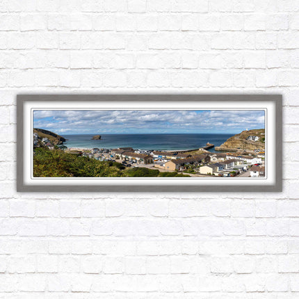 Portreath town, Cornwall. Panoramic framed picture harbour and sea view