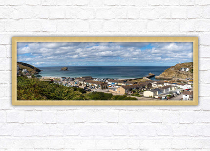 Portreath town, Cornwall. Panoramic framed picture harbour and sea view