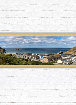 Portreath town, Cornwall. Panoramic framed picture harbour and sea view