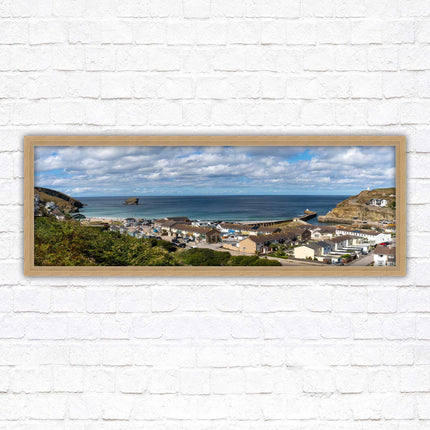 Portreath town, Cornwall. Panoramic framed picture harbour and sea view