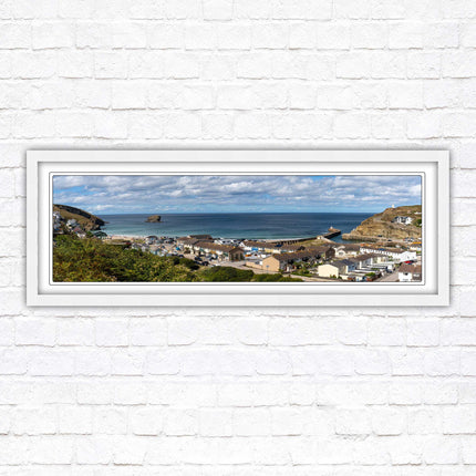Portreath town, Cornwall. Panoramic framed picture harbour and sea view