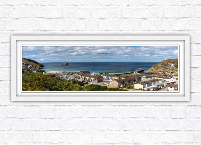 Portreath town, Cornwall. Panoramic framed picture harbour and sea view
