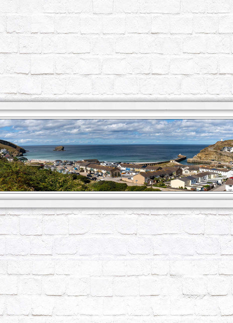 Portreath town, Cornwall. Panoramic framed picture harbour and sea view