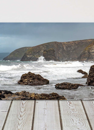 Panoramic view from Portreath Harbour, Cornwall canvas picture print. Cornwall beach scene. Dramatic seas. Available in a range of sizes.
