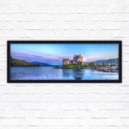 Scottish Highlands Castle. Panoramic framed picture print, Scotland mountains