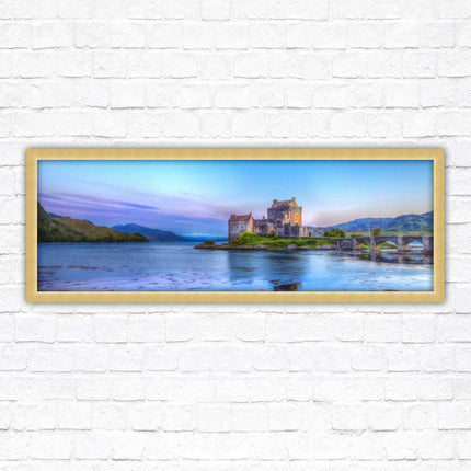 Scottish Highlands Castle. Panoramic framed picture print, Scotland mountains