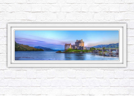 Scottish Highlands Castle. Panoramic framed picture print, Scotland mountains