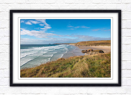 Perranporth beach north cornwall sea view. framed picture print Beach seascape