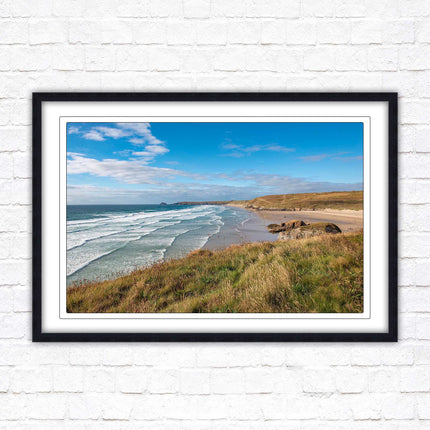 Perranporth beach north cornwall sea view. framed picture print Beach seascape