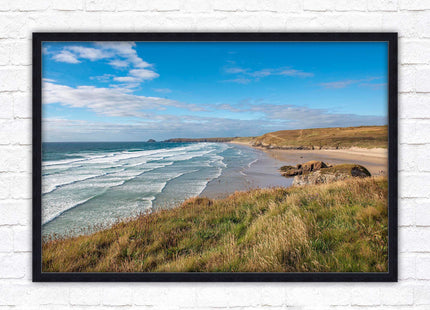 Perranporth beach north cornwall sea view. framed picture print Beach seascape