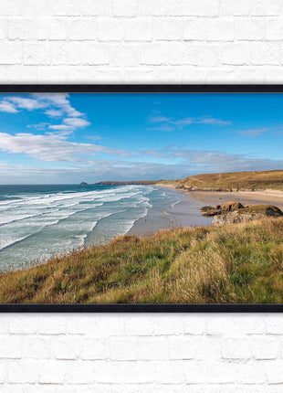 Perranporth beach north cornwall sea view. framed picture print Beach seascape
