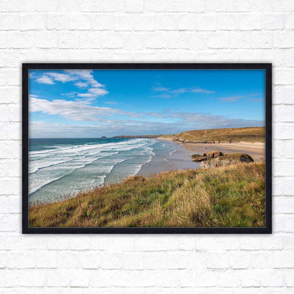 Perranporth beach north cornwall sea view. framed picture print Beach seascape