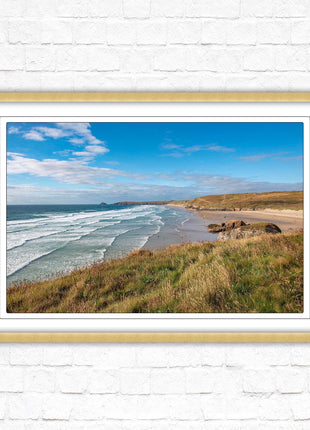 Perranporth beach north cornwall sea view. framed picture print Beach seascape